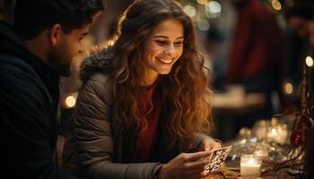 AI generated Young adults smiling, enjoying winter outdoors, bonding together generated by AI photo