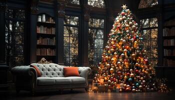 AI generated Comfortable living room with illuminated Christmas tree generated by AI photo