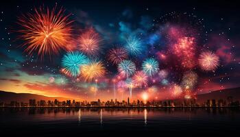 ai generado vibrante colores iluminar ciudad horizonte en explosivo celebracion generado por ai foto