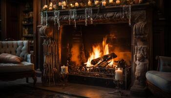 AI generated Cozy living room with glowing fireplace brings comfort generated by AI photo