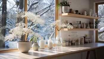 ai generado moderno hogar interior con florero de Fresco flores generado por ai foto