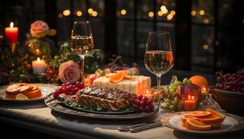 ai generado gastrónomo comida, luz de una vela, Copa de vino, celebracion, postre, indulgencia generado por ai foto