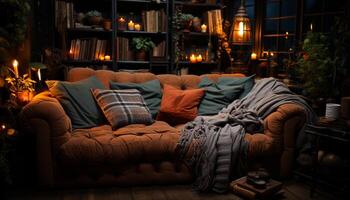 ai generado cómodo sofá en un acogedor, iluminado vivo habitación generado por ai foto