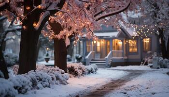 AI generated Winter night snow covered tree illuminated by lanterns generated by AI photo