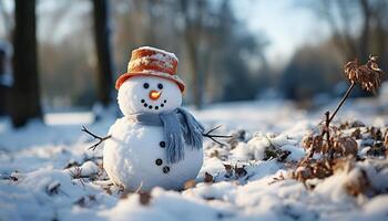 AI generated Smiling snowman in winter, outdoors, nature, cheerful generated by AI photo