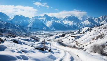 AI generated Snow capped mountains create a majestic winter landscape generated by AI photo