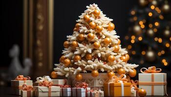 AI generated Christmas tree illuminated with shiny gold decorations generated by AI photo