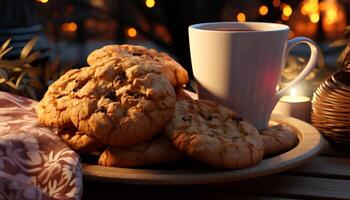 AI generated Homemade chocolate chip cookies on rustic wooden table generated by AI photo