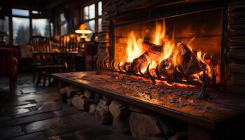 AI generated Glowing wood burning stove provides comfortable winter warmth generated by AI photo