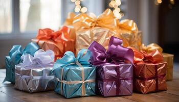 AI generated A stack of wrapped gift boxes on table generated by AI photo