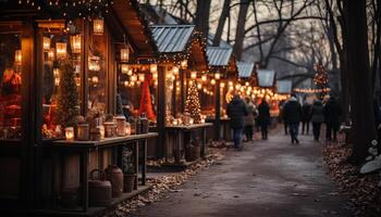 ai generado invierno celebracion iluminado Navidad árbol en el noche generado por ai foto