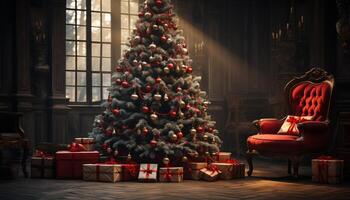 AI generated Christmas tree decoration illuminates the cozy living room generated by AI photo