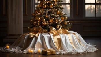 ai generado Navidad árbol brillante con adornos, esclarecedor el habitación generado por ai foto