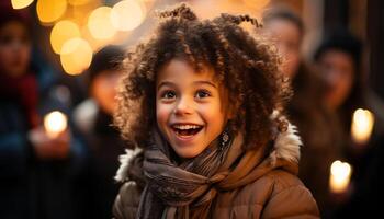 ai generado sonriente niño disfruta invierno noche, Navidad luces iluminar generado por ai foto