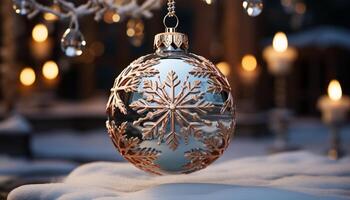 AI generated Winter celebration snowflake ornament on Christmas tree generated by AI photo