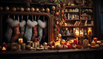 ai generado Navidad decoración, vela, regalo, fuego, Navidad ornamento, madera, Navidad árbol, brillante generado por ai foto