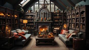 AI generated Cozy living room with illuminated fireplace and bookshelf generated by AI photo