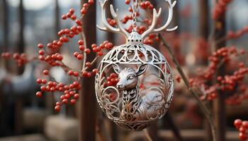 AI generated Winter celebration cute deer ornament hangs on tree generated by AI photo