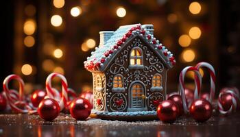 ai generado pan de jengibre casa en mesa, copo de nieve decoración iluminado generado por ai foto