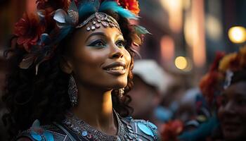 ai generado sonriente joven mujer en tradicional ropa a celebracion generado por ai foto