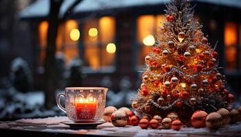 AI generated Winter celebration illuminated Christmas tree, cozy home interior generated by AI photo