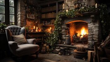 AI generated Cozy winter night, flames dance in old fireplace generated by AI photo