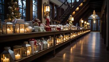 ai generado iluminado luz de una vela decora el interior Navidad árbol generado por ai foto