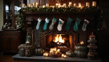 ai generado acogedor hogar, brillante vela, Navidad árbol decoración generado por ai foto