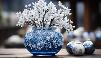 AI generated Blue vase with fresh flowers on wooden table generated by AI photo