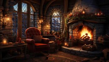 AI generated Cozy winter night, candlelight illuminates home interior generated by AI photo