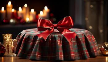AI generated Romantic candlelight illuminates elegant table with gift generated by AI photo