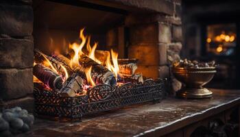 AI generated Glowing flame warms rustic home, creating cozy comfort generated by AI photo