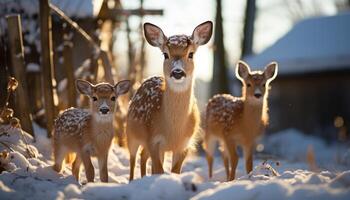 AI generated Cute young deer standing in snowy winter forest generated by AI photo