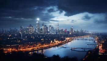 AI generated Illuminated city skyline reflects on water at dusk generated by AI photo