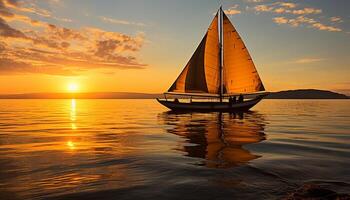 ai generado velero se desliza en tranquilo agua, puesta de sol pinturas cielo generado por ai foto