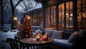 AI generated Winter night, tree illuminated, celebration decoration, snow table generated by AI photo