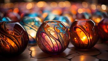 AI generated Multi colored candle in glass vase illuminates celebration generated by AI photo