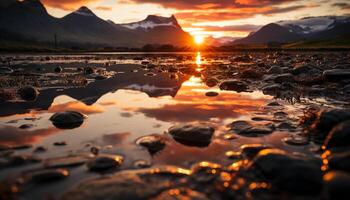 AI generated Tranquil scene of majestic mountain peak at dusk generated by AI photo