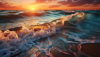 AI generated Sunset over the water, waves crashing on sand generated by AI photo