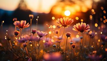 AI generated Sunset meadow, vibrant flowers bloom in nature generated by AI photo