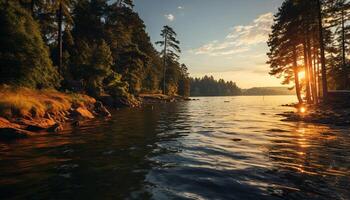 AI generated Tranquil scene of sunset over water and forest generated by AI photo