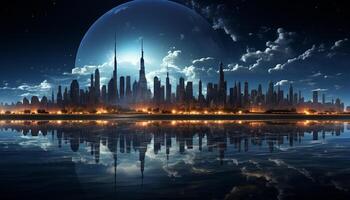AI generated Night skyline reflects on water, city illuminated beautifully generated by AI photo