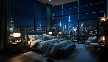 AI generated Luxury apartment with city skyline view at night generated by AI photo