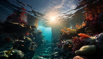 ai generado submarino pescado nadar en el hermosa coral arrecife generado por ai foto