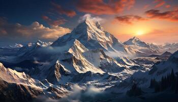 AI generated Majestic mountain peak in winter, snow capped and serene generated by AI photo