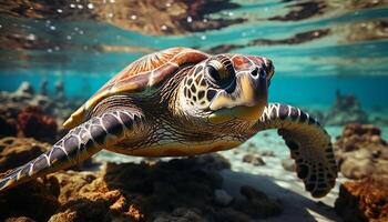 ai generado Tortuga nadando en azul mar, rodeado por coral generado por ai foto