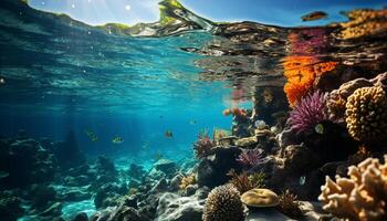 AI generated Underwater reef fish swim in beautiful tropical waters generated by AI photo