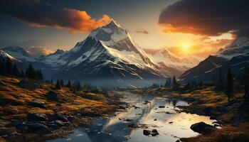 AI generated Majestic mountain peak reflects tranquil sunset in nature generated by AI photo