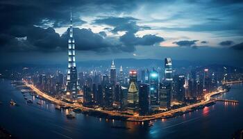 AI generated Night skyline, famous architecture, illuminated city life, modern ship generated by AI photo