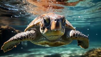 AI generated Turtle swimming in blue water, underwater adventure generated by AI photo